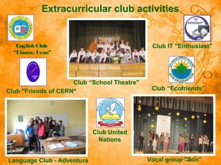 Language Club - Adventure
Club “School Theatre"
Vocal group "Sun"
Extracurricular club activities
English Club
“I know, I can”
Club "Friends of CERN”
Club IT "Enthusiast”
Club “Ecofriends”
Club United
Nations
 