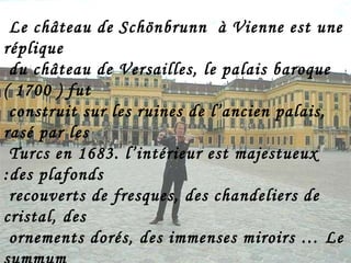 Le château de Schönbrunn  à Vienne est une réplique  du château de Versailles, le palais baroque ( 1700 ) fut construit sur les ruines de l’ancien palais, rasé par les Turcs en 1683. l’intérieur est majestueux :des plafonds recouverts de fresques, des chandeliers de cristal, des  ornements dorés, des immenses miroirs … Le summum se trouve dans la Grande Galerie, où se tinrent de très nombreux bals. C’est dans la chambre aux  miroirs que Mozart,alors âgé de six ans,donna son premier concert  royal en 1762, en présence de Marie - Thérèse et de la  famille royale. 