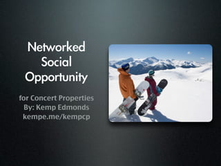 Networked
   Social	 
 Opportunity
for Concert Properties
  By: Kemp Edmonds
 kempe.me/kempcp
 
