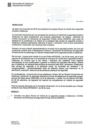 Concesión a ADISPO de placa de honor de la Generalitat de Cataluña