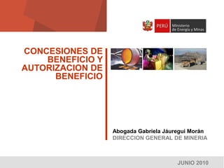 CONCESIONES DE
BENEFICIO Y
AUTORIZACION DE
BENEFICIO

Abogada Gabriela Jáuregui Morán
DIRECCION GENERAL DE MINERIA

JUNIO 2010

1

 