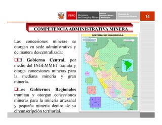 Instituto          Dirección de
                                    Geológico Minero
                                    y Metalúrgico
                                                       Concesiones Mineras
                                                                             14


          COMPETENCIA ADMINISTRATIVA MINERA

Las concesiones mineras se
otorgan en sede administrativa y
de manera descentralizada:
  El Gobierno Central, por
medio del INGEMMET tramita y
otorga concesiones mineras para
la mediana minería y gran
minería.
   Los Gobiernos Regionales
tramitan y otorgan concesiones
mineras para la minería artesanal
y pequeña minería dentro de su
circunscripción territorial.
 
