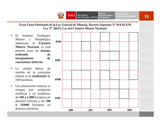 Instituto          Dirección de
                                                          Geológico Minero
                                                          y Metalúrgico
                                                                             Concesiones Mineras
                                                                                                   15
  Texto Único Ordenado de la Ley General de Minería, Decreto Supremo N° 014-92-EM
                   Ley N° 26615, Ley del Catastro Minero Nacional

El Instituto Geológico
Minero y Metalúrgico
administra el Catastro
Minero Nacional, el cual
permite tener un sistema
ordenado              de
otorgamiento          de
concesiones mineras.

La unidad básica de
medida de la concesión
minera es la cuadrícula de
100 hectáreas.
Las concesiones mineras se
otorgan por sustancias
metálicas y no metálicas,
de 100 a 1,000 hectáreas en
dominio terrestre y de 100
a 10,000 hectáreas en
dominio marítimo.
 