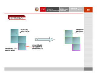 Instituto          Dirección de
                                        Geológico Minero
                                        y Metalúrgico
                                                           Concesiones Mineras
                                                                                 19


      EJEMPLO:



              DERECHO                                               DERECHO
              POSTERIOR                                             REDUCIDO




                          CUADRICULA
                          TOTALMENTE
DERECHO                   SUPERPUESTA
PRIORITARIO
 