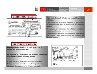 Instituto          Dirección de
                                                                       Geológico Minero
                                                                       y Metalúrgico
                                                                                          Concesiones Mineras
                                                                                                                23

        DERECHO DE TRAMITE                           Pago equivalente al 10% de una Unidad Impositiva
                                                     Tributaria.
                                                     Pago con el cual se solventa los gastos en que incurre
                                                     la Administración para la tramitación del petitorio
                                                     minero.
                                                     Su omisión al presentarse la solicitud constituye
                                                     causal de rechazo del petitorio minero.
                                                     El pago parcial puede ser subsanado en el plazo de 10
                                                     días hábiles, bajo apercibimiento de rechazo del
                                                     petitorio minero.



       DERECHO DE VIGENCIA
Pago equivalente a $3 RG, $1 PPM y $0.5 PMA
dólares por hectárea solicitada.

Su omisión al presentarse la solicitud constituye
causal de rechazo del petitorio minero.

El pago parcial en dólares no puede ser subsanado.
El pago parcial en moneda nacional sólo puede ser
subsanado si no es inferior al 97% del pago total.
 