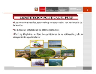Instituto          Dirección de
                                              Geológico Minero
                                              y Metalúrgico
                                                                 Concesiones Mineras
                                                                                       5


      CONSTITUCION POLÍTICA DEL PERU
 Los recursos naturales, renovables y no renovables, son patrimonio de
la Nación.
 El Estado es soberano en su aprovechamiento.
                             aprovechamiento.
 Por Ley Orgánica, se fijan las condiciones de su utilización y de su
otorgamiento a particulares.
               particulares.
 