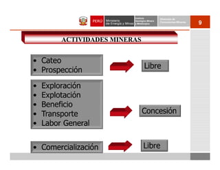 Instituto          Dirección de
                 Geológico Minero
                 y Metalúrgico
                                    Concesiones Mineras
                                                          9


ACTIVIDADES MINERAS
 