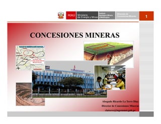 Instituto          Dirección de
              Geológico Minero
              y Metalúrgico
                                 Concesiones Mineras
                                                       1



CONCESIONES MINERAS




                 Abogado Ricardo La Torre Diaz
                 Director de Concesiones Mineras
                     rlatorre@ingemmet.gob.pe
 