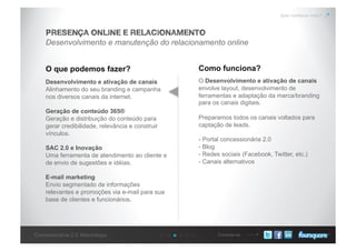 Conecte-seConcessionárias 2.0: Metodologia
Quer conhecer mais?
Desenvolvimento e manutenção do relacionamento online
PRESENÇA ONLINE E RELACIONAMENTO
O que podemos fazer? Como funciona?
Desenvolvimento e ativação de canais
Alinhamento do seu branding e campanha
nos diversos canais da internet.
Geração de conteúdo 365®
Geração e distribuição do conteúdo para
gerar credibilidade, relevância e construir
vínculos.
SAC 2.0 e Inovação
Uma ferramenta de atendimento ao cliente e
de envio de sugestões e idéias.
E-mail marketing
Envio segmentado de informações
relevantes e promoções via e-mail para sua
base de clientes e funcionários.
O Desenvolvimento e ativação de canais
envolve layout, desenvolvimento de
ferramentas e adaptação da marca/branding
para os canais digitais.
Preparamos todos os canais voltados para
captação de leads.
- Portal concessionária 2.0
- Blog
- Redes sociais (Facebook, Twitter, etc.)
- Canais alternativos
 