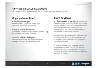 Conecte-seConcessionárias 2.0: Metodologia
Quer conhecer mais?
80% de toda a venda de carros novos começa na internet
CONVERTER LEADS EM VENDAS
O que podemos fazer? Como funciona?
Concessionária digital
Desenvolver o showroom online e um
ambiente de vendas na internet.
Clube de ofertas Metagov ®
Vantagens e benefícios para seus clientes
na forma de descontos atrativos.
Ativação de leads Metagov ®
Acompanhamento e alertas para os leads
gerados no portal e nas redes sociais.
O Clube de Ofertas Metagov ® envolve um
modelo diferenciado no qual nós programas
ofertas diárias ou semanais de produtos que
sejam interessantes para os usuários.
Essas ofertas são divulgadas em todos os
canais que estivermos presentes.
Utilizamos no clube de ofertas produtos que
conseguimos efetuar a venda online como
acessórios, estética automotiva, revisões,
dentre outros itens.
O recente avanço dos portais de compra
coletiva fazem deste produto um grande
atrativo para as concessionárias tornando
possível o giro de estoque e uma pré-venda
de serviços gerais.
 