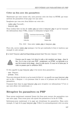 RÉCUPÉRER LES PARAMÈTRES EN PHP
Créer un lien avec des paramètres
Maintenant que nous savons cela, nous pouvons créer des liens en HTML qui trans-
mettent des paramètres d’une page vers une autre.
Imaginons que vous avez deux ﬁchiers sur votre site :
– index.php (l’accueil) ;
– bonjour.php.
Nous voulons faire un lien de index.php qui mène à bonjour.php et qui lui transmet
des informations dans l’URL, comme le schématise la ﬁgure 10.2.
Fig. 10.2 – Lien entre index.php et bonjour.php
Pour cela, ouvrez index.php (puisque c’est lui qui contiendra le lien) et insérez-y par
exemple le code suivant :
<a href="bonjour.php?nom=Dupont&amp;prenom=Jean">Dis-moi bonjour !</a>
Comme vous le voyez, le & dans le code a été remplacé par &amp ; dans le
lien. Ça n’a rien à voir avec PHP : simplement, en HTML, on demande à ce
que les & soient écrits &amp ; dans le code source. Si vous ne le faites pas, le
code ne passera pas la validation W3C.
Ce lien appelle la page bonjour.php et lui envoie deux paramètres :
– nom : Dupont ;
– prenom : Jean.
Vous avez sûrement deviné ce qu’on essaie de faire ici : on appelle une page bonjour.php
qui va dire « Bonjour » à la personne dont le nom et le prénom ont été envoyés en
paramètres.
Comment faire dans la page bonjour.php pour récupérer ces informations ? C’est ce
que nous allons voir maintenant. ;-)
Récupérer les paramètres en PHP
Nous savons maintenant comment former des liens pour envoyer des paramètres vers
une autre page. Nous avons pour cela ajouté des paramètres à la ﬁn de l’URL.
Intéressons-nous maintenant à la page qui réceptionne les paramètres. Dans notre
exemple, il s’agit de la page bonjour.php. Celle-ci va automatiquement créer un array
107
 