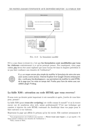 NE FAITES JAMAIS CONFIANCE AUX DONNÉES REÇUES : LA FAILLE XSS
Fig. 11.8 – Le formulaire modiﬁé
S’il y a une chose à retenir ici, c’est que les formulaires sont modiﬁables par tous
les visiteurs contrairement à ce qu’on pourrait penser. Par conséquent, votre page
cible.php devra être aussi vigilante que nous l’avons été dans le chapitre précédent et
ne pas faire conﬁance aux données de l’utilisateur4
.
Il y a un moyen encore plus simple de modiﬁer le formulaire de votre site sans
avoir accès à votre serveur. Internet Explorer 8 et Google Chrome embarquent
des « outils pour les développeurs » qui permettent de modiﬁer le code HTML
de la page que l’on visite en temps réel. Firefox peut faire de même avec son
célèbre plugin Firebug.
La faille XSS : attention au code HTML que vous recevez !
Il nous reste un dernier point important à voir ensemble et après, j’arrête de vous faire
peur, promis !
La faille XSS (pour cross-site scripting) est vieille comme le monde5
et on la trouve
encore sur de nombreux sites web, même professionnels ! C’est une technique qui
consiste à injecter du code HTML contenant du JavaScript dans vos pages pour le
faire exécuter à vos visiteurs.
Reprenons la page qui aﬃche le prénom qu’on lui envoie. Elle contient notamment le
4Les programmeurs ont d’ailleurs une maxime : « Never trust user input », ce qui signiﬁe « Ne
faites jamais conﬁance aux données de l’utilisateur ».
5Euh, comme le Web.
127
 
