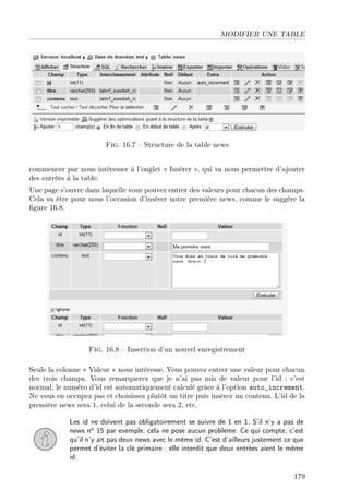 MODIFIER UNE TABLE
Fig. 16.7 – Structure de la table news
commencer par nous intéresser à l’onglet « Insérer », qui va nous permettre d’ajouter
des entrées à la table.
Une page s’ouvre dans laquelle vous pouvez entrer des valeurs pour chacun des champs.
Cela va être pour nous l’occasion d’insérer notre première news, comme le suggère la
ﬁgure 16.8.
Fig. 16.8 – Insertion d’un nouvel enregistrement
Seule la colonne « Valeur » nous intéresse. Vous pouvez entrer une valeur pour chacun
des trois champs. Vous remarquerez que je n’ai pas mis de valeur pour l’id : c’est
normal, le numéro d’id est automatiquement calculé grâce à l’option auto_increment.
Ne vous en occupez pas et choisissez plutôt un titre puis insérez un contenu. L’id de la
première news sera 1, celui de la seconde sera 2, etc.
Les id ne doivent pas obligatoirement se suivre de 1 en 1. S’il n’y a pas de
news no
15 par exemple, cela ne pose aucun problème. Ce qui compte, c’est
qu’il n’y ait pas deux news avec le même id. C’est d’ailleurs justement ce que
permet d’éviter la clé primaire : elle interdit que deux entrées aient le même
id.
179
 