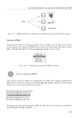 SE CONNECTER À LA BASE DE DONNÉES EN PHP
Fig. 17.1 – PDO permet de se connecter à n’importe quel type de base de données
Activer PDO
Normalement, PDO est activé par défaut. Pour le vériﬁer (voir la ﬁgure 17.2), faites
un clic gauche sur l’icône de WAMP dans la barre des tâches, puis allez dans le menu
PHP / Extensions PHP et vériﬁez que php_pdo_mysql est bien coché.
Fig. 17.2 – Vériﬁez que l’extension PDO est activée
Et si je n’utilise pas WAMP ?
Vous pouvez ouvrir le ﬁchier de conﬁguration de PHP (qui s’appelle généralement
php.ini) et rechercher la ligne qui contient php_pdo_mysql. Enlevez le point-virgule
devant s’il y en a un pour activer l’extension :
;extension=php_pdo_firebird.dll
;extension=php_pdo_mssql.dll
extension=php_pdo_mysql.dll
;extension=php_pdo_oci.dll
;extension=php_pdo_odbc.dll
Enregistrez le ﬁchier puis redémarrez PHP. Il suﬃt pour cela de relancer votre logiciel
favori (WAMP, MAMP, XAMPP. . .).
189
 