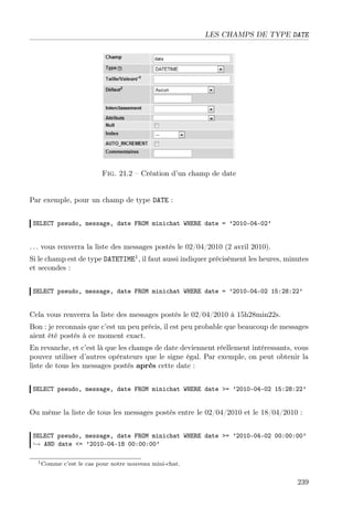 LES CHAMPS DE TYPE DATE
Fig. 21.2 – Création d’un champ de date
Par exemple, pour un champ de type DATE :
SELECT pseudo, message, date FROM minichat WHERE date = ’2010-04-02’
. . . vous renverra la liste des messages postés le 02/04/2010 (2 avril 2010).
Si le champ est de type DATETIME1
, il faut aussi indiquer précisément les heures, minutes
et secondes :
SELECT pseudo, message, date FROM minichat WHERE date = ’2010-04-02 15:28:22’
Cela vous renverra la liste des messages postés le 02/04/2010 à 15h28min22s.
Bon : je reconnais que c’est un peu précis, il est peu probable que beaucoup de messages
aient été postés à ce moment exact.
En revanche, et c’est là que les champs de date deviennent réellement intéressants, vous
pouvez utiliser d’autres opérateurs que le signe égal. Par exemple, on peut obtenir la
liste de tous les messages postés après cette date :
SELECT pseudo, message, date FROM minichat WHERE date >= ’2010-04-02 15:28:22’
Ou même la liste de tous les messages postés entre le 02/04/2010 et le 18/04/2010 :
SELECT pseudo, message, date FROM minichat WHERE date >= ’2010-04-02 00:00:00’
→ AND date <= ’2010-04-18 00:00:00’
1Comme c’est le cas pour notre nouveau mini-chat.
239
 