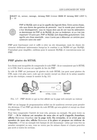 LES LANGAGES DU WEB
SELECT id, auteur, message, datemsg FROM livreor ORDER BY datemsg DESC LIMIT 0,
→ 10
PHP et MySQL sont ce qu’on appelle des logiciels libres. Entre autres choses,
cela vous donne des garanties de pérennité : tout le monde peut contribuer
à leur développement, vous ne risquez donc pas de voir tous les webmasters
se désintéresser de PHP et de MySQL du jour au lendemain, et ça c’est très
important ! D’autre part, PHP et MySQL sont disponibles gratuitement. Cela
signiﬁe une chose essentielle : vous n’aurez pas à débourser un centime pour
construire votre site web !
PHP peut fonctionner seul et suﬃt à créer un site dynamique, mais les choses de-
viennent réellement intéressantes lorsqu’on le combine à un SGBD tel que MySQL.
Cependant pour simpliﬁer, oublions pour le moment MySQL et concentrons-nous sur
PHP.
PHP génère du HTML
Les clients sont incapables de comprendre le code PHP : ils ne connaissent que le HTML
et le CSS. Seul le serveur est capable de lire du PHP.
Le rôle de PHP est justement de générer du code HTML (on peut aussi générer du
CSS, mais c’est plus rare), code qui est ensuite envoyé au client de la même manière
qu’un site statique, comme le montre la ﬁg. 3.3.
Fig. 1.7 – PHP décide ce qui va être aﬃché sur la page web envoyée au visiteur
PHP est un langage de programmation utilisé sur de nombreux serveurs pour prendre
des décisions. C’est PHP qui décide du code HTML qui sera généré et envoyé au client
à chaque fois.
Pour bien comprendre l’intérêt de tout cela, prenons un exemple. On peut écrire en
PHP : « Si le visiteur est membre de mon site et qu’il s’appelle Jonathan,
aﬃche Bienvenue Jonathan sur la page web. En revanche, si ce n’est pas un
membre de mon site, aﬃche Bienvenue à la place et propose au visiteur de
s’inscrire. » C’est un exemple très basique de site dynamique : selon que vous êtes un
membre enregistré ou non, vous ne verrez pas les mêmes choses et n’aurez peut-être
pas accès à toutes les sections.
9
 