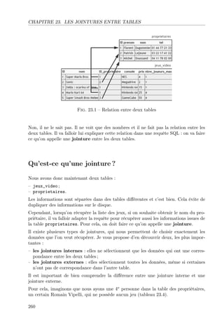 CHAPITRE 23. LES JOINTURES ENTRE TABLES
Fig. 23.1 – Relation entre deux tables
Non, il ne le sait pas. Il ne voit que des nombres et il ne fait pas la relation entre les
deux tables. Il va falloir lui expliquer cette relation dans une requête SQL : on va faire
ce qu’on appelle une jointure entre les deux tables.
Qu’est-ce qu’une jointure ?
Nous avons donc maintenant deux tables :
– jeux_video ;
– proprietaires.
Les informations sont séparées dans des tables diﬀérentes et c’est bien. Cela évite de
dupliquer des informations sur le disque.
Cependant, lorsqu’on récupère la liste des jeux, si on souhaite obtenir le nom du pro-
priétaire, il va falloir adapter la requête pour récupérer aussi les informations issues de
la table proprietaires. Pour cela, on doit faire ce qu’on appelle une jointure.
Il existe plusieurs types de jointures, qui nous permettent de choisir exactement les
données que l’on veut récupérer. Je vous propose d’en découvrir deux, les plus impor-
tantes :
– les jointures internes : elles ne sélectionnent que les données qui ont une corres-
pondance entre les deux tables ;
– les jointures externes : elles sélectionnent toutes les données, même si certaines
n’ont pas de correspondance dans l’autre table.
Il est important de bien comprendre la diﬀérence entre une jointure interne et une
jointure externe.
Pour cela, imaginons que nous ayons une 4e
personne dans la table des propriétaires,
un certain Romain Vipelli, qui ne possède aucun jeu (tableau 23.4).
260
 