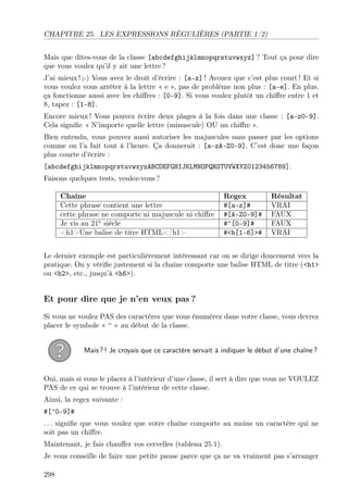 CHAPITRE 25. LES EXPRESSIONS RÉGULIÈRES (PARTIE 1/2)
Mais que dites-vous de la classe [abcdefghijklmnopqrstuvwxyz] ? Tout ça pour dire
que vous voulez qu’il y ait une lettre ?
J’ai mieux ! ;-) Vous avez le droit d’écrire : [a-z] ! Avouez que c’est plus court ! Et si
vous voulez vous arrêter à la lettre « e », pas de problème non plus : [a-e]. En plus,
ça fonctionne aussi avec les chiﬀres : [0-9]. Si vous voulez plutôt un chiﬀre entre 1 et
8, tapez : [1-8].
Encore mieux ! Vous pouvez écrire deux plages à la fois dans une classe : [a-z0-9].
Cela signiﬁe « N’importe quelle lettre (minuscule) OU un chiﬀre ».
Bien entendu, vous pouvez aussi autoriser les majuscules sans passer par les options
comme on l’a fait tout à l’heure. Ça donnerait : [a-zA-Z0-9]. C’est donc une façon
plus courte d’écrire :
[abcdefghijklmnopqrstuvwxyzABCDEFGHIJKLMNOPQRSTUVWXYZ0123456789].
Faisons quelques tests, voulez-vous ?
Chaîne Regex Résultat
Cette phrase contient une lettre #[a-z]# VRAI
cette phrase ne comporte ni majuscule ni chiﬀre #[A-Z0-9]# FAUX
Je vis au 21e
siècle #^[0-9]# FAUX
<h1>Une balise de titre HTML</h1> #<h[1-6]># VRAI
Le dernier exemple est particulièrement intéressant car on se dirige doucement vers la
pratique. On y vériﬁe justement si la chaîne comporte une balise HTML de titre (<h1>
ou <h2>, etc., jusqu’à <h6>).
Et pour dire que je n’en veux pas ?
Si vous ne voulez PAS des caractères que vous énumérez dans votre classe, vous devrez
placer le symbole « ^ » au début de la classe.
Mais ? ! Je croyais que ce caractère servait à indiquer le début d’une chaîne ?
Oui, mais si vous le placez à l’intérieur d’une classe, il sert à dire que vous ne VOULEZ
PAS de ce qui se trouve à l’intérieur de cette classe.
Ainsi, la regex suivante :
#[^0-9]#
. . . signiﬁe que vous voulez que votre chaîne comporte au moins un caractère qui ne
soit pas un chiﬀre.
Maintenant, je fais chauﬀer vos cervelles (tableau 25.1).
Je vous conseille de faire une petite pause parce que ça ne va vraiment pas s’arranger
298
 
