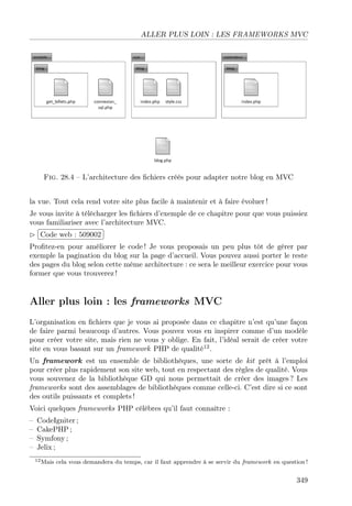 ALLER PLUS LOIN : LES FRAMEWORKS MVC
Fig. 28.4 – L’architecture des ﬁchiers créés pour adapter notre blog en MVC
la vue. Tout cela rend votre site plus facile à maintenir et à faire évoluer !
Je vous invite à télécharger les ﬁchiers d’exemple de ce chapitre pour que vous puissiez
vous familiariser avec l’architecture MVC.
£
¢
 
¡Code web : 509002
Proﬁtez-en pour améliorer le code ! Je vous proposais un peu plus tôt de gérer par
exemple la pagination du blog sur la page d’accueil. Vous pouvez aussi porter le reste
des pages du blog selon cette même architecture : ce sera le meilleur exercice pour vous
former que vous trouverez !
Aller plus loin : les frameworks MVC
L’organisation en ﬁchiers que je vous ai proposée dans ce chapitre n’est qu’une façon
de faire parmi beaucoup d’autres. Vous pouvez vous en inspirer comme d’un modèle
pour créer votre site, mais rien ne vous y oblige. En fait, l’idéal serait de créer votre
site en vous basant sur un framework PHP de qualité12
.
Un framework est un ensemble de bibliothèques, une sorte de kit prêt à l’emploi
pour créer plus rapidement son site web, tout en respectant des règles de qualité. Vous
vous souvenez de la bibliothèque GD qui nous permettait de créer des images ? Les
frameworks sont des assemblages de bibliothèques comme celle-ci. C’est dire si ce sont
des outils puissants et complets !
Voici quelques frameworks PHP célèbres qu’il faut connaître :
– CodeIgniter ;
– CakePHP ;
– Symfony ;
– Jelix ;
12Mais cela vous demandera du temps, car il faut apprendre à se servir du framework en question !
349
 
