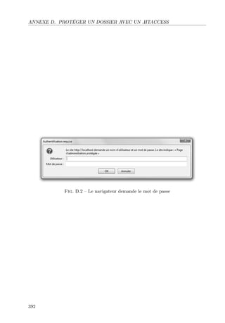 ANNEXE D. PROTÉGER UN DOSSIER AVEC UN .HTACCESS
Fig. D.2 – Le navigateur demande le mot de passe
392
 