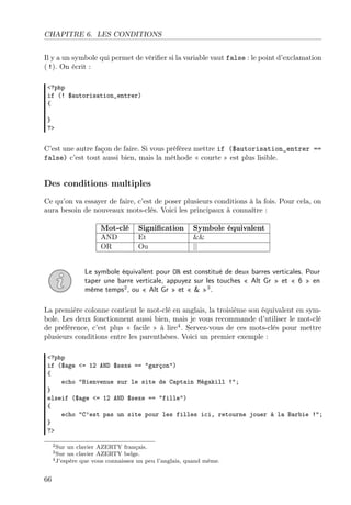 CHAPITRE 6. LES CONDITIONS
Il y a un symbole qui permet de vériﬁer si la variable vaut false : le point d’exclamation
( !). On écrit :
<?php
if (! $autorisation_entrer)
{
}
?>
C’est une autre façon de faire. Si vous préférez mettre if ($autorisation_entrer ==
false) c’est tout aussi bien, mais la méthode « courte » est plus lisible.
Des conditions multiples
Ce qu’on va essayer de faire, c’est de poser plusieurs conditions à la fois. Pour cela, on
aura besoin de nouveaux mots-clés. Voici les principaux à connaître :
Mot-clé Signiﬁcation Symbole équivalent
AND Et &&
OR Ou ||
Le symbole équivalent pour OR est constitué de deux barres verticales. Pour
taper une barre verticale, appuyez sur les touches « Alt Gr » et « 6 » en
même temps2
, ou « Alt Gr » et « & »3
.
La première colonne contient le mot-clé en anglais, la troisième son équivalent en sym-
bole. Les deux fonctionnent aussi bien, mais je vous recommande d’utiliser le mot-clé
de préférence, c’est plus « facile » à lire4
. Servez-vous de ces mots-clés pour mettre
plusieurs conditions entre les parenthèses. Voici un premier exemple :
<?php
if ($age <= 12 AND $sexe == "garçon")
{
echo "Bienvenue sur le site de Captain Mégakill !";
}
elseif ($age <= 12 AND $sexe == "fille")
{
echo "C’est pas un site pour les filles ici, retourne jouer à la Barbie !";
}
?>
2Sur un clavier AZERTY français.
3Sur un clavier AZERTY belge.
4J’espère que vous connaissez un peu l’anglais, quand même.
66
 
