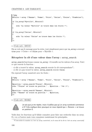 CHAPITRE 9. LES TABLEAUX
<?php
$fruits = array (’Banane’, ’Pomme’, ’Poire’, ’Cerise’, ’Fraise’, ’Framboise’);
if (in_array(’Myrtille’, $fruits))
{
echo ’La valeur "Myrtille" se trouve dans les fruits !’;
}
if (in_array(’Cerise’, $fruits))
{
echo ’La valeur "Cerise" se trouve dans les fruits !’;
}
?>

£
 
¢Code web : 595747 ¡
On ne voit que le message pour la cerise, tout simplement parce que in_array a renvoyé
true pour « Cerise » et false pour « Myrtille ».

Récupérer la clé d’une valeur dans l’array : array_search
array_search fonctionne comme in_array : il travaille sur les valeurs d’un array. Voici
ce que renvoie la fonction :
– si elle a trouvé la valeur, array_search renvoie la clé correspondante3 ;
– si elle n’a pas trouvé la valeur, array_search renvoie false.
On reprend l’array numéroté avec les fruits :
<?php
$fruits = array (’Banane’, ’Pomme’, ’Poire’, ’Cerise’, ’Fraise’, ’Framboise’);
$position = array_search(’Fraise’, $fruits);
echo ’"Fraise" se trouve en position ’ . $position . ’<br />’;
$position = array_search(’Banane’, $fruits);
echo ’"Banane" se trouve en position ’ . $position;
?>

£
 
¢Code web : 981062 ¡
Je sais que je me répète, mais n’oubliez pas qu’un array numéroté commence
à 0 ! Cela explique donc pourquoi on nous répond que « Banane » se trouve
en position 0.
Voilà donc les fonctions qu’il fallait connaître pour faire une recherche dans un array.
Il y en a d’autres mais vous connaissez maintenant les principales.
3 C’est-à-dire

100

le numéro si c’est un array numéroté, ou le nom de la clé si c’est un array associatif.

 