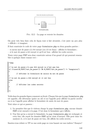 ALLER PLUS LOIN

Fig. 12.2 – La page se renvoie les données
On peut très bien faire cela de façon tout à fait sécurisée, c’est juste un peu plus
« diﬃcile » à imaginer.
Il faut construire le code de votre page formulaire.php en deux grandes parties :
– si aucun mot de passe n’a été envoyé (ou s’il est faux) : aﬃcher le formulaire ;
– si le mot de passe a été envoyé et qu’il est bon : aﬃcher les codes secrets.
Toute votre page PHP sera donc construite autour d’un grand if qui pourrait ressembler à quelque chose comme ceci :
<?php
// Le mot de passe n’a pas été envoyé ou n’est pas bon
if (!isset($_POST[’mot_de_passe’]) OR $_POST[’mot_de_passe’] != "kangourou")
{
// Afficher le formulaire de saisie du mot de passe
}
// Le mot de passe a été envoyé et il est bon
else
{
// Afficher les codes secrets
}
?>

Voilà dans les grandes lignes comment on ferait. Chaque fois que la page formulaire.php
est appelée, elle détermine (grâce au if) si on l’appelle pour aﬃcher la partie secrète
ou si on l’appelle pour aﬃcher le formulaire de saisie du mot de passe.
Voici alors ce qui se passera :
1. La première fois que le visiteur charge la page formulaire.php, aucune donnée
POST n’est envoyée à la page. C’est donc le formulaire qui s’aﬃche.
2. Une fois qu’on a envoyé le formulaire, la page formulaire.php est rechargée et
cette fois, elle reçoit les données POST qu’on vient d’envoyer. Elle peut donc les
analyser et, si le mot de passe est bon, elle aﬃche les codes secrets.
Sauriez-vous refaire ce TP en une seule page en vous basant sur mes indices ? Essayez !
143

 