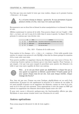 CHAPITRE 16. PHPMYADMIN
Une fois que vous avez inséré le texte que vous vouliez, cliquez sur le premier bouton
« Exécuter » de la page.
Il y a d’autres champs en dessous : ignorez-les. Ils vous permettent d’ajouter
plusieurs entrées à la fois, mais nous n’en avons pas besoin.
Recommencez une ou deux fois en faisant la même manipulation et en laissant le champ
id vide.
Aﬃchez maintenant le contenu de la table. Vous pouvez cliquer soit sur l’onglet « Aﬃcher », en haut, soit sur le nom de la table dans le menu à gauche. La ﬁgure 16.9 vous
présente le contenu que vous devriez voir.

Fig. 16.9 – Contenu de la table news
Vous repérez ici les champs « id », « titre » et « contenu ». Cette table possède trois
entrées, et comme vous pouvez le voir MySQL a bien fait les choses puisque les numéros
d’id se sont créés tout seuls.
Vous pouvez modiﬁer ou supprimer chacun des éléments que vous voyez à l’écran. Il y
a beaucoup d’autres options en dessous que je vous laisse regarder. Pour l’instant, ce
qui compte, c’est que vous ayez compris la procédure pour ajouter des éléments à la
table et que vous soyez capables de lister son contenu.
Mais. . . je ne vais pas devoir passer par phpMyAdmin à chaque fois que je
veux ajouter ou supprimer un élément, quand même ? Il faudra passer par là
pour ajouter chaque news de son site, mais aussi chaque membre, chaque
message des forums ?
Non, bien sûr que non. Comme son nom l’indique, phpMyAdmin est un outil d’administration. Il permet de voir rapidement la structure et le contenu de vos tables. Il
est aussi possible d’ajouter ou de supprimer des éléments, comme on vient de le voir,
mais on ne le fera que très rarement. Nous apprendrons à créer des pages en PHP qui
insèrent ou suppriment des éléments directement depuis notre site web.
Il nous reste encore à découvrir quelques-unes des fonctionnalités oﬀertes par phpMyAdmin et nous aurons terminé notre tour d’horizon de cet outil.

Autres opérations
Nous avons jusqu’ici découvert le rôle de trois onglets :
180

 
