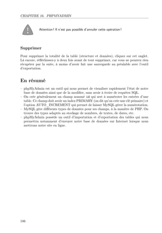 CHAPITRE 16. PHPMYADMIN

Attention ! Il n’est pas possible d’annuler cette opération !

Supprimer
Pour supprimer la totalité de la table (structure et données), cliquez sur cet onglet.
Là encore, réﬂéchissez-y à deux fois avant de tout supprimer, car vous ne pourrez rien
récupérer par la suite, à moins d’avoir fait une sauvegarde au préalable avec l’outil
d’exportation.

En résumé
– phpMyAdmin est un outil qui nous permet de visualiser rapidement l’état de notre
base de données ainsi que de la modiﬁer, sans avoir à écrire de requêtes SQL.
– On crée généralement un champ nommé id qui sert à numéroter les entrées d’une
table. Ce champ doit avoir un index PRIMARY (on dit qu’on crée une clé primaire) et
l’option AUTO_INCREMENT qui permet de laisser MySQL gérer la numérotation.
– MySQL gère diﬀérents types de données pour ses champs, à la manière de PHP. On
trouve des types adaptés au stockage de nombres, de textes, de dates, etc.
– phpMyAdmin possède un outil d’importation et d’exportation des tables qui nous
permettra notamment d’envoyer notre base de données sur Internet lorsque nous
mettrons notre site en ligne.

186

 