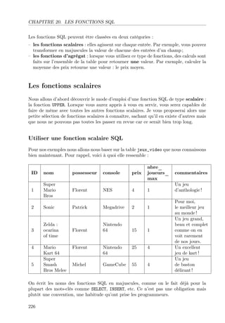 CHAPITRE 20. LES FONCTIONS SQL
Les fonctions SQL peuvent être classées en deux catégories :
– les fonctions scalaires : elles agissent sur chaque entrée. Par exemple, vous pouvez
transformer en majuscules la valeur de chacune des entrées d’un champ ;
– les fonctions d’agrégat : lorsque vous utilisez ce type de fonctions, des calculs sont
faits sur l’ensemble de la table pour retourner une valeur. Par exemple, calculer la
moyenne des prix retourne une valeur : le prix moyen.

Les fonctions scalaires
Nous allons d’abord découvrir le mode d’emploi d’une fonction SQL de type scalaire :
la fonction UPPER. Lorsque vous aurez appris à vous en servir, vous serez capables de
faire de même avec toutes les autres fonctions scalaires. Je vous proposerai alors une
petite sélection de fonctions scalaires à connaître, sachant qu’il en existe d’autres mais
que nous ne pouvons pas toutes les passer en revue car ce serait bien trop long.

Utiliser une fonction scalaire SQL
Pour nos exemples nous allons nous baser sur la table jeux_video que nous connaissons
bien maintenant. Pour rappel, voici à quoi elle ressemble :

ID

nom

possesseur

console

prix

nbre_
joueurs_
max

1

Super
Mario
Bros

Florent

NES

4

1

2

Sonic

Patrick

Megadrive

2

1

3

Zelda :
ocarina
of time

Florent

Nintendo
64

15

1

4

5

Mario
Kart 64
Super
Smash
Bros Melee

Florent

Nintendo
64

25

4

Michel

GameCube

55

4

commentaires
Un jeu
d’anthologie !
Pour moi,
le meilleur jeu
au monde !
Un jeu grand,
beau et complet
comme on en
voit rarement
de nos jours.
Un excellent
jeu de kart !
Un jeu
de baston
délirant !

On écrit les noms des fonctions SQL en majuscules, comme on le fait déjà pour la
plupart des mots-clés comme SELECT, INSERT, etc. Ce n’est pas une obligation mais
plutôt une convention, une habitude qu’ont prise les programmeurs.
226

 