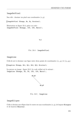 DESSINER UNE FORME

ImageSetPixel
Son rôle : dessiner un pixel aux coordonnées (x, y).
ImageSetPixel ($image, $x, $y, $couleur);

Illustration en ﬁgure 24.4, grâce au code :
ImageSetPixel ($image, 100, 100, $noir) ;

Fig. 24.4 – ImageSetPixel

ImageLine
Celle-là sert à dessiner une ligne entre deux points de coordonnées (x1 , y1 ) et (x2 , y2 ).
ImageLine ($image, $x1, $y1, $x2, $y2, $couleur);

La preuve en image : ﬁgure 24.5. Le code utilisé est le suivant :
ImageLine ($image, 30, 30, 120, 120, $noir) ;

Fig. 24.5 – ImageLine

ImageEllipse
Celle-ci dessine une ellipse dont le centre est aux coordonnées (x, y), de largeur $largeur
et de hauteur $hauteur.
281

 