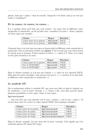 DES RECHERCHES SIMPLES
phrase, mais pas « piano » dans la seconde. Jusque-là c’est facile, mais je ne vais pas
tarder à compliquer !

Et tu casses, tu casses, tu casses. . .
Il y a quelque chose qu’il faut que vous sachiez : les regex font la diﬀérence entre
majuscules et minuscules ; on dit qu’elles sont « sensibles à la casse ». Tenez, regardez
ces deux regex par exemple :
Chaîne
J’aime jouer de la guitare.
J’aime jouer de la guitare.

Regex
#Guitare#
#GUITARE#

Résultat
FAUX
FAUX

Comment faire si on veut que nos regex ne fassent plus la diﬀérence entre majuscules et
minuscules ? On va justement utiliser une option. C’est la seule que vous aurez besoin
de retenir pour le moment. Il faut rajouter la lettre « i » après le 2e dièse, et la regex
ne fera plus attention à la casse :
Chaîne
J’aime jouer de la guitare
Vive la GUITARE !
Vive la GUITARE !

Regex
#Guitare#i
#guitare#i
#guitare#

Résultat
VRAI
VRAI
FAUX

Dans le dernier exemple, je n’ai pas mis l’option « i » alors on m’a répondu FAUX.
Mais dans les autres exemples, vous pouvez voir que le « i » a permis de ne plus faire
la diﬀérence entre majuscules et minuscules. ;-)

Le symbole OU
On va maintenant utiliser le symbole OU, que vous avez déjà vu dans le chapitre sur
les conditions : c’est la barre verticale « | ». Grâce à elle, vous allez pouvoir laisser
plusieurs possibilités à votre regex. Ainsi, si vous tapez :
#guitare|piano#
. . . cela veut dire que vous cherchez soit le mot « guitare », soit le mot « piano ». Si
un des deux mots est trouvé, la regex répond VRAI. Voici quelques exemples :
Chaîne
J’aime jouer
J’aime jouer
J’aime jouer
J’aime jouer

de la guitare.
du piano.
du banjo.
du banjo.

Regex
#guitare|piano#
#guitare|piano#
#guitare|piano#
#guitare|piano|banjo#

Résultat
VRAI
VRAI
FAUX
VRAI

Dans le dernier exemple, j’ai mis deux fois la barre verticale. Cela signiﬁe que l’on
recherche guitare OU piano OU banjo.
295

 