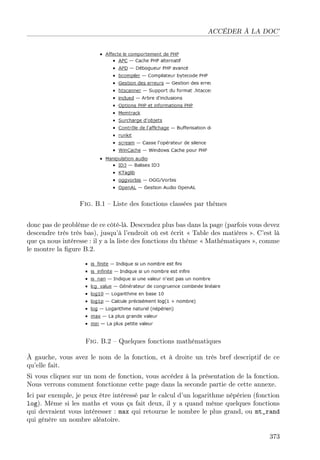 ACCÉDER À LA DOC’

Fig. B.1 – Liste des fonctions classées par thèmes
donc pas de problème de ce côté-là. Descendez plus bas dans la page (parfois vous devez
descendre très très bas), jusqu’à l’endroit où est écrit « Table des matières ». C’est là
que ça nous intéresse : il y a la liste des fonctions du thème « Mathématiques », comme
le montre la ﬁgure B.2.

Fig. B.2 – Quelques fonctions mathématiques
À gauche, vous avez le nom de la fonction, et à droite un très bref descriptif de ce
qu’elle fait.
Si vous cliquez sur un nom de fonction, vous accédez à la présentation de la fonction.
Nous verrons comment fonctionne cette page dans la seconde partie de cette annexe.
Ici par exemple, je peux être intéressé par le calcul d’un logarithme népérien (fonction
log). Même si les maths et vous ça fait deux, il y a quand même quelques fonctions
qui devraient vous intéresser : max qui retourne le nombre le plus grand, ou mt_rand
qui génère un nombre aléatoire.
373

 