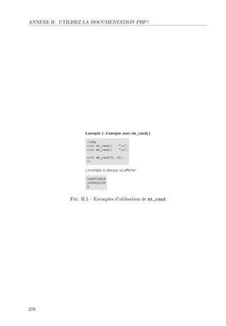 ANNEXE B. UTILISEZ LA DOCUMENTATION PHP !

Fig. B.5 – Exemples d’utilisation de mt_rand

378

 