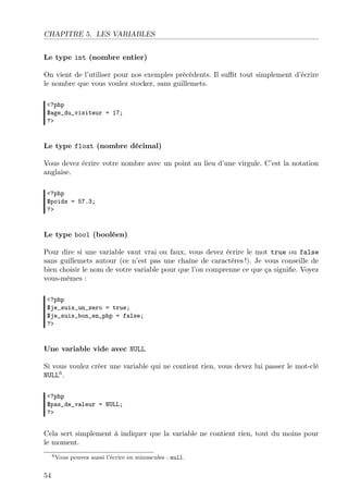 CHAPITRE 5. LES VARIABLES
Le type int (nombre entier)
On vient de l’utiliser pour nos exemples précédents. Il suﬃt tout simplement d’écrire
le nombre que vous voulez stocker, sans guillemets.
<?php
$age_du_visiteur = 17;
?>

Le type float (nombre décimal)
Vous devez écrire votre nombre avec un point au lieu d’une virgule. C’est la notation
anglaise.
<?php
$poids = 57.3;
?>

Le type bool (booléen)
Pour dire si une variable vaut vrai ou faux, vous devez écrire le mot true ou false
sans guillemets autour (ce n’est pas une chaîne de caractères !). Je vous conseille de
bien choisir le nom de votre variable pour que l’on comprenne ce que ça signiﬁe. Voyez
vous-mêmes :
<?php
$je_suis_un_zero = true;
$je_suis_bon_en_php = false;
?>

Une variable vide avec NULL
Si vous voulez créer une variable qui ne contient rien, vous devez lui passer le mot-clé
NULL6 .
<?php
$pas_de_valeur = NULL;
?>

Cela sert simplement à indiquer que la variable ne contient rien, tout du moins pour
le moment.
6 Vous

54

pouvez aussi l’écrire en minuscules : null.

 