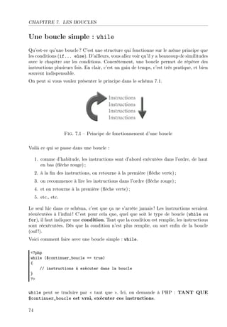 CHAPITRE 7. LES BOUCLES

Une boucle simple : while
Qu’est-ce qu’une boucle ? C’est une structure qui fonctionne sur le même principe que
les conditions (if... else). D’ailleurs, vous allez voir qu’il y a beaucoup de similitudes
avec le chapitre sur les conditions. Concrètement, une boucle permet de répéter des
instructions plusieurs fois. En clair, c’est un gain de temps, c’est très pratique, et bien
souvent indispensable.
On peut si vous voulez présenter le principe dans le schéma 7.1.

Fig. 7.1 – Principe de fonctionnement d’une boucle
Voilà ce qui se passe dans une boucle :
1. comme d’habitude, les instructions sont d’abord exécutées dans l’ordre, de haut
en bas (ﬂèche rouge) ;
2. à la ﬁn des instructions, on retourne à la première (ﬂèche verte) ;
3. on recommence à lire les instructions dans l’ordre (ﬂèche rouge) ;
4. et on retourne à la première (ﬂèche verte) ;
5. etc., etc.
Le seul hic dans ce schéma, c’est que ça ne s’arrête jamais ! Les instructions seraient
réexécutées à l’inﬁni ! C’est pour cela que, quel que soit le type de boucle (while ou
for), il faut indiquer une condition. Tant que la condition est remplie, les instructions
sont réexécutées. Dès que la condition n’est plus remplie, on sort enﬁn de la boucle
(ouf !).
Voici comment faire avec une boucle simple : while.
<?php
while ($continuer_boucle == true)
{
// instructions à exécuter dans la boucle
}
?>

while peut se traduire par « tant que ». Ici, on demande à PHP : TANT QUE
$continuer_boucle est vrai, exécuter ces instructions.
74

 