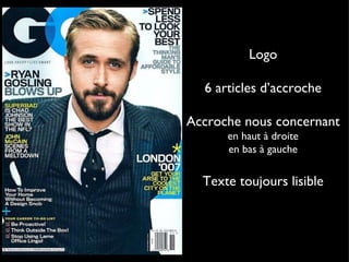 Logo 6 articles d’accroche Accroche nous concernant en haut à droite en bas à gauche Texte toujours lisible