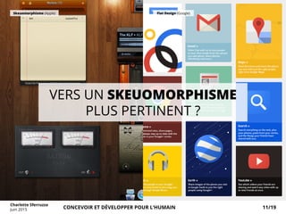 Skeuomorphisme (Apple) Flat Design (Google)
VERS UN SKEUOMORPHISME
PLUS PERTINENT ?
Charlotte Sferruzza
Juin 2015 CONCEVOIR ET DÉVELOPPER POUR L’HUMAIN 11/19
 