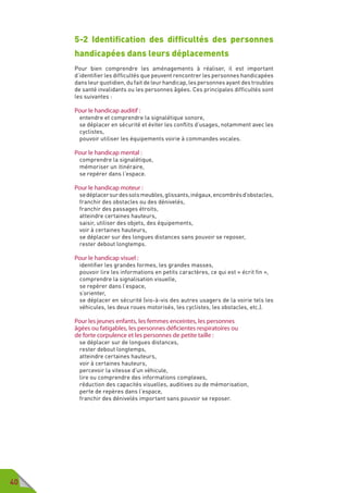 40
5-2 Identification des difficultés des personnes
handicapées dans leurs déplacements
Pour bien comprendre les aménagements à réaliser, il est important
d’identifier les difficultés que peuvent rencontrer les personnes handicapées
dans leur quotidien, du fait de leur handicap, les personnes ayant des troubles
de santé invalidants ou les personnes âgées. Ces principales difficultés sont
les suivantes :
Pour le handicap auditif :
entendre et comprendre la signalétique sonore,
se déplacer en sécurité et éviter les conflits d’usages, notamment avec les
cyclistes,
pouvoir utiliser les équipements voirie à commandes vocales.
Pour le handicap mental :
comprendre la signalétique,
mémoriser un itinéraire,
se repérer dans l’espace.
Pour le handicap moteur :
sedéplacersurdessolsmeubles,glissants,inégaux,encombrésd’obstacles,
franchir des obstacles ou des dénivelés,
franchir des passages étroits,
atteindre certaines hauteurs,
saisir, utiliser des objets, des équipements,
voir à certaines hauteurs,
se déplacer sur des longues distances sans pouvoir se reposer,
rester debout longtemps.
Pour le handicap visuel :
identifier les grandes formes, les grandes masses,
pouvoir lire les informations en petits caractères, ce qui est « écrit fin »,
comprendre la signalisation visuelle,
se repérer dans l’espace,
s’orienter,
se déplacer en sécurité (vis-à-vis des autres usagers de la voirie tels les
véhicules, les deux roues motorisés, les cyclistes, les obstacles, etc.).
Pour les jeunes enfants, les femmes enceintes, les personnes
âgées ou fatigables, les personnes déficientes respiratoires ou
de forte corpulence et les personnes de petite taille :
se déplacer sur de longues distances,
rester debout longtemps,
atteindre certaines hauteurs,
voir à certaines hauteurs,
percevoir la vitesse d’un véhicule,
lire ou comprendre des informations complexes,
réduction des capacités visuelles, auditives ou de mémorisation,
perte de repères dans l’espace,
franchir des dénivelés important sans pouvoir se reposer.
 