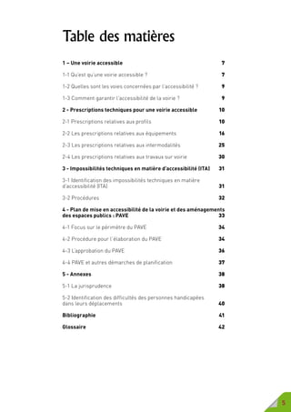 5
Table des matières
1 – Une voirie accessible	 7
1-1 Qu’est qu’une voirie accessible ?	 7
1-2 Quelles sont les voies concernées par l’accessibilité ?	 9
1-3 Comment garantir l’accessibilité de la voirie ?	 9
2 - Prescriptions techniques pour une voirie accessible	 10
2-1 Prescriptions relatives aux profils	 10
2-2 Les prescriptions relatives aux équipements	 16
2-3 Les prescriptions relatives aux intermodalités	 25
2-4 Les prescriptions relatives aux travaux sur voirie	 30
3 - Impossibilités techniques en matière d’accessibilité (ITA)	 31
3-1 Identification des impossibilités techniques en matière
d’accessibilité (ITA)	 31
3-2 Procédures 	 32
4 - Plan de mise en accessibilité de la voirie et des aménagements
des espaces publics : PAVE	 33
4-1 Focus sur le périmètre du PAVE	 34
4-2 Procédure pour l’élaboration du PAVE	 34
4-3 L’approbation du PAVE	 36
4-4 PAVE et autres démarches de planification	 37
5 - Annexes	 38
5-1 La jurisprudence	 38
5-2 Identification des difficultés des personnes handicapées 	
dans leurs déplacements 	 40
Bibliographie	 41
Glossaire	 42
 