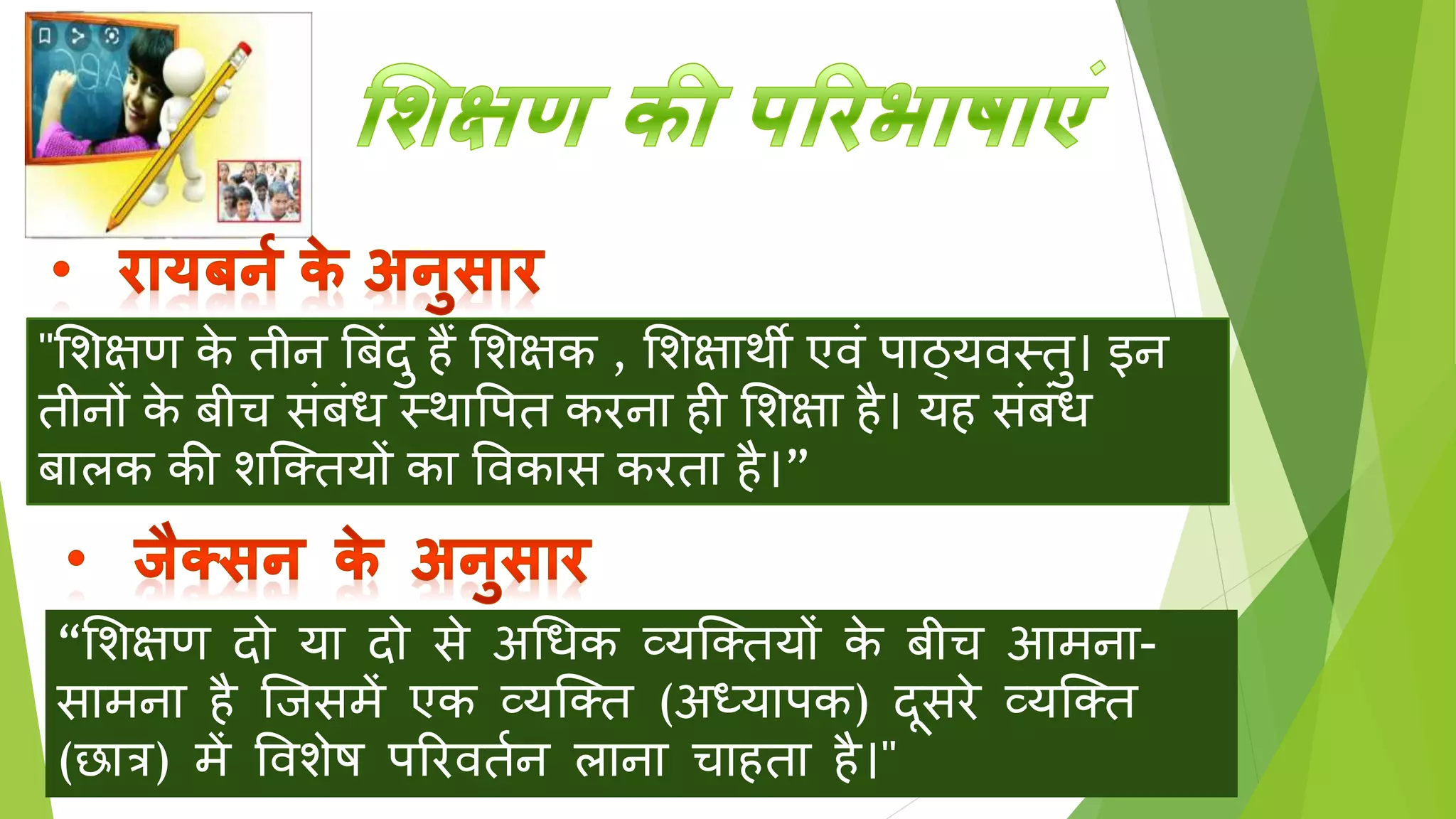 "शिक्षण क
े तीन ब िंदु हैं शिक्षक , शिक्षार्थी एविं पाठ्यवस्तु। इन
तीनों क
े ीच सिं िंध स्र्थापपत करना ही शिक्षा है। यह सिं िंध
ालक की िक्ततयों का पवकास करता है।”
“शिक्षण दो या दो से अधधक व्यक्ततयों क
े ीच आमना-
सामना है क्िसमें एक व्यक्तत (अध्यापक) दूसरे व्यक्तत
(छात्र) में पविेष पररवततन लाना चाहता है।"
 