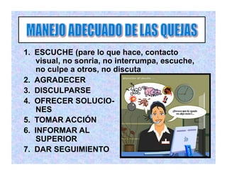 1.  ESCUCHE (pare lo que hace, contacto
visual, no sonria, no interrumpa, escuche,
no culpe a otros, no discuta
2.  AGRADECER
3.  DISCULPARSE
4.  OFRECER SOLUCIO-
NES
5.  TOMAR ACCIÓN
6.  INFORMAR AL
SUPERIOR
7.  DAR SEGUIMIENTO
 