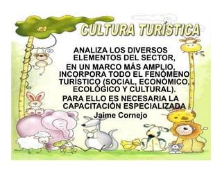 ANALIZA LOS DIVERSOS
ELEMENTOS DEL SECTOR,
EN UN MARCO MÁS AMPLIO,
INCORPORA TODO EL FENÓMENO
TURÍSTICO (SOCIAL, ECONÓMICO,
ECOLÓGICO Y CULTURAL).
PARA ELLO ES NECESARIA LA
CAPACITACIÓN ESPECIALIZADA
Jaime Cornejo
 