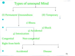             Types of unsound Mind


(I) Permanent Unsoundness           (II) Temporary

                      1) Illness
                                   2) Shock
                       3) Accidental
         4) Intoxication
Congenital         Non-congenital
Right from birth


             Accidental             Disease
                                                     23
 
