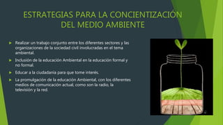ESTRATEGIAS PARA LA CONCIENTIZACIÓN
DEL MEDIO AMBIENTE
 Realizar un trabajo conjunto entre los diferentes sectores y las
organizaciones de la sociedad civil involucradas en el tema
ambiental.
 Inclusión de la educación Ambiental en la educación formal y
no formal.
 Educar a la ciudadanía para que tome interés.
 La promulgación de la educación Ambiental, con los diferentes
medios de comunicación actual, como son la radio, la
televisión y la red.
 