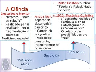 •  1905: Einstein publica
                                      “Teoria da Relatividade
   A Ciência                          Especial”
Descartes e Newton                 • Tempo e
                                  1915: Einstein espaço não
                    • Antiga lógica começaMecânica Quântica
• Metáfora: “mecanismo
                                   ~ 1930: a
                                      são absolutos
                                      “Teoria Geral da
                                       - a “estranha realidade”
                       separar-se do Relatividade” tempo e
   de relógio”                     • Medidas de e onda
                                      • Partícula
• Realidade pensada e  desenvolvimento -Entrelaçamento
                                           Mudou a visão
                                      espaço - função da
                                      •
                       científico           newtoniana
   analisada em partes:               velocidade relativa
                                      • -O “observador” “tecido
                                           Deformação do
   fragmentação do  •todo;
                       - Campo eletro- O do espaço-tempo”
                                      entrecolapso das
                                      •      observadores
   exemplo:            magnético • Cada observador e o
                                          possibilidades tem
 Medicina: especialidades                 “real”
                    • - Velocidade datempo e espaço
                                        luz
                       constante,     próprios
                       independente do
                       observador
                                              Século XX
                             Século XIX
           350 anos
             atrás
                                                            4
 