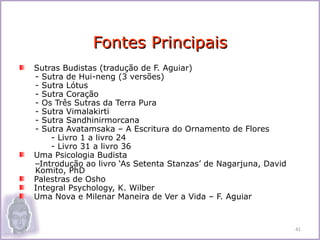 Fontes Principais
Sutras Budistas (tradução de F. Aguiar)
- Sutra de Hui-neng (3 versões)
- Sutra Lótus
- Sutra Coração
- Os Três Sutras da Terra Pura
- Sutra Vimalakirti
- Sutra Sandhinirmorcana
- Sutra Avatamsaka – A Escritura do Ornamento de Flores
    - Livro 1 a livro 24
    - Livro 31 a livro 36
Uma Psicologia Budista
–Introdução ao livro ‘As Setenta Stanzas’ de Nagarjuna, David
Komito, PhD
Palestras de Osho
Integral Psychology, K. Wilber
Uma Nova e Milenar Maneira de Ver a Vida – F. Aguiar


                                                                41
 