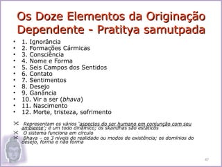 Os Doze Elementos da Originação
    Dependente - Pratitya samutpada
•   1. Ignorância
•   2. Formações Cármicas
•   3. Consciência
•   4. Nome e Forma
•   5. Seis Campos dos Sentidos
•   6. Contato
•   7. Sentimentos
•   8. Desejo
•   9. Ganância
•   10. Vir a ser (bhava)
•   11. Nascimento
•   12. Morte, tristeza, sofrimento
 Representam os vários ‘aspectos do ser humano em conjunção com seu
  ambiente’; é um todo dinâmico; os skandhas são estáticos
 O sistema funciona em círculo
 Bhava – os 3 níveis de realidade ou modos de existência; os domínios do
  desejo, forma e não forma


                                                                            47
 