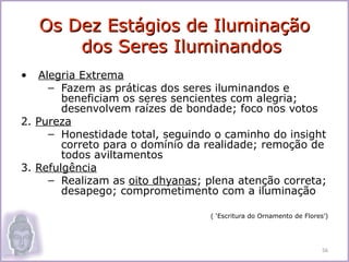 Os Dez Estágios de Iluminação
        dos Seres Iluminandos
•  Alegria Extrema
     – Fazem as práticas dos seres iluminandos e
        beneficiam os seres sencientes com alegria;
        desenvolvem raízes de bondade; foco nos votos
2. Pureza
     – Honestidade total, seguindo o caminho do insight
        correto para o domínio da realidade; remoção de
        todos aviltamentos
3. Refulgência
     – Realizam as oito dhyanas; plena atenção correta;
        desapego; comprometimento com a iluminação

                                  ( ‘Escritura do Ornamento de Flores’)




                                                                     56
 