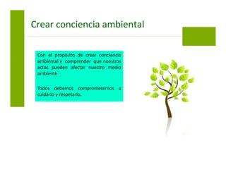 Con el propósito de crear conciencia
ambiental y comprender que nuestros
actos pueden afectar nuestro medio
ambiente.
Todos debemos comprometernos a
cuidarlo y respetarlo.
Crear conciencia ambiental
 